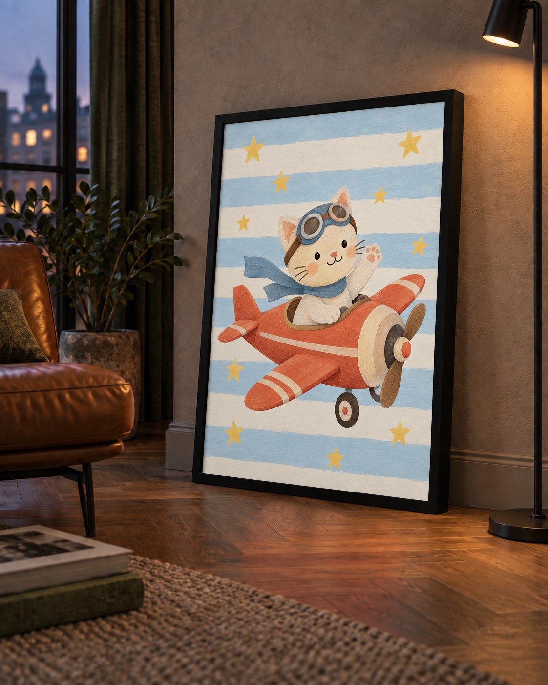Uçakla Uçan Sevimli Kedi Çocuk Odası Poster Sanatı — çerçeveli hâliyle bir ev duvarında