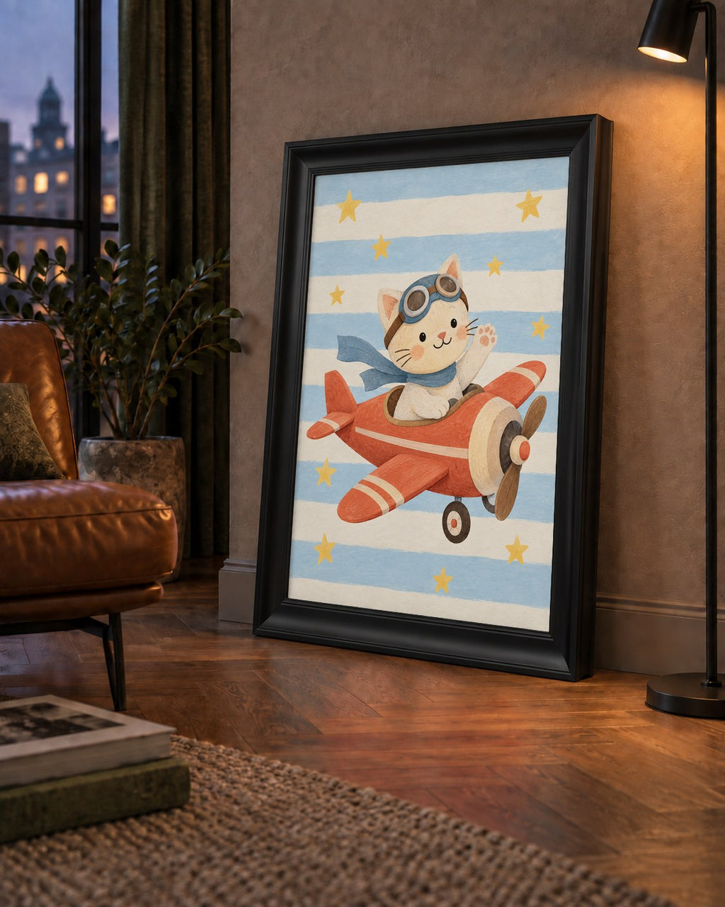 Uçakla Uçan Sevimli Kedi Çocuk Odası Poster Sanatı — çerçeveli hâliyle bir ev duvarında
