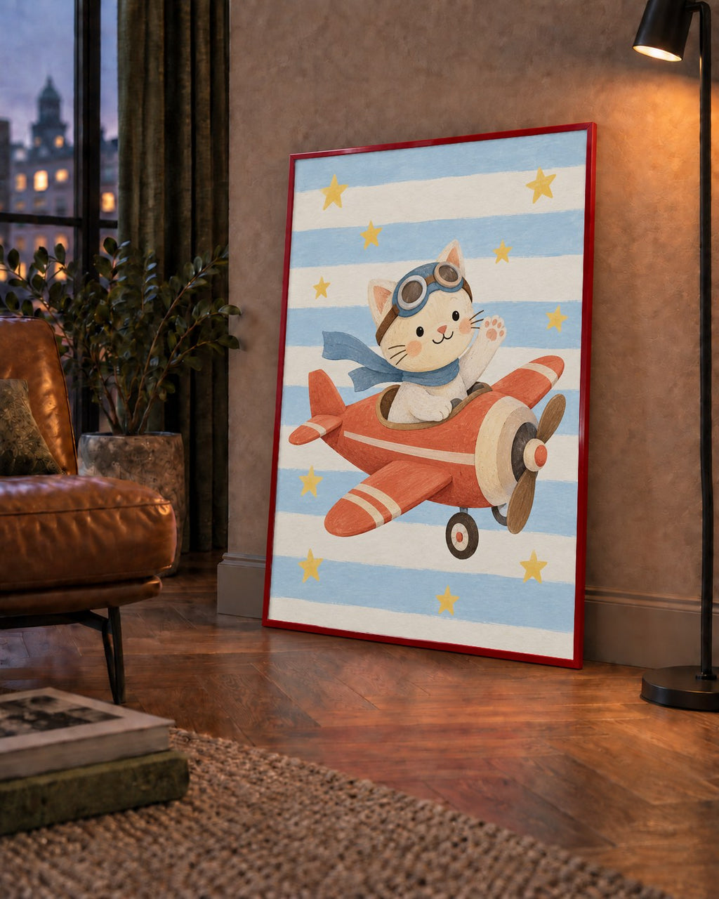 Uçakla Uçan Sevimli Kedi Çocuk Odası Poster Sanatı — çerçeveli hâliyle bir ev duvarında