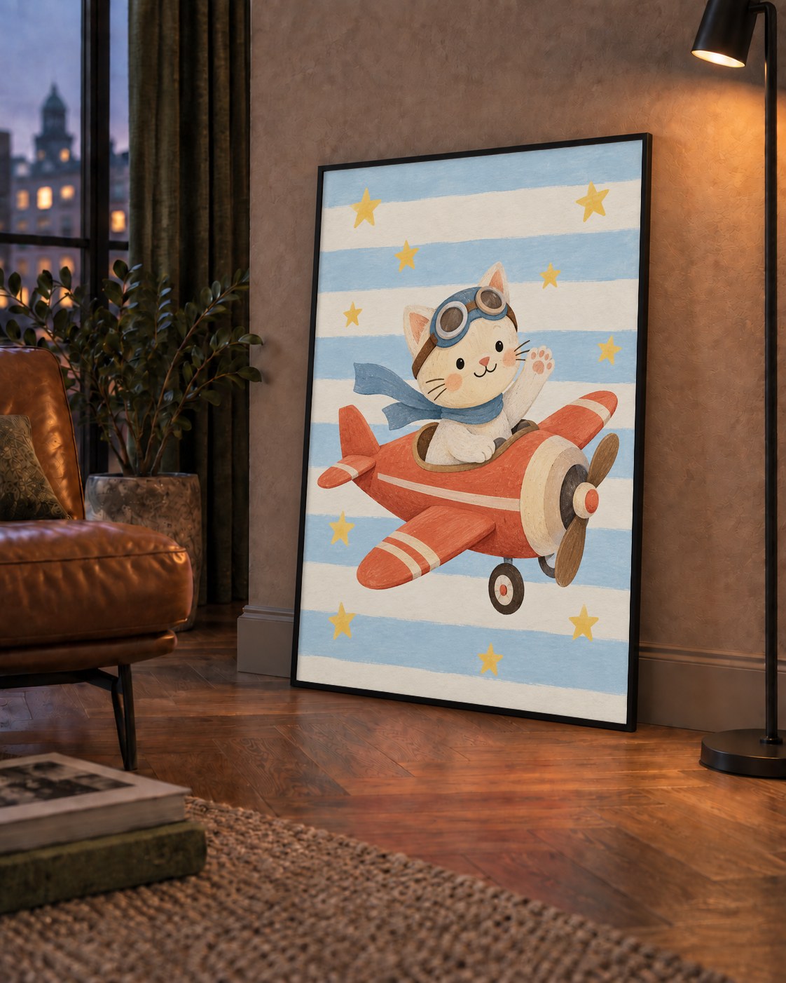 Uçakla Uçan Sevimli Kedi Çocuk Odası Poster Sanatı — çerçeveli hâliyle bir ev duvarında