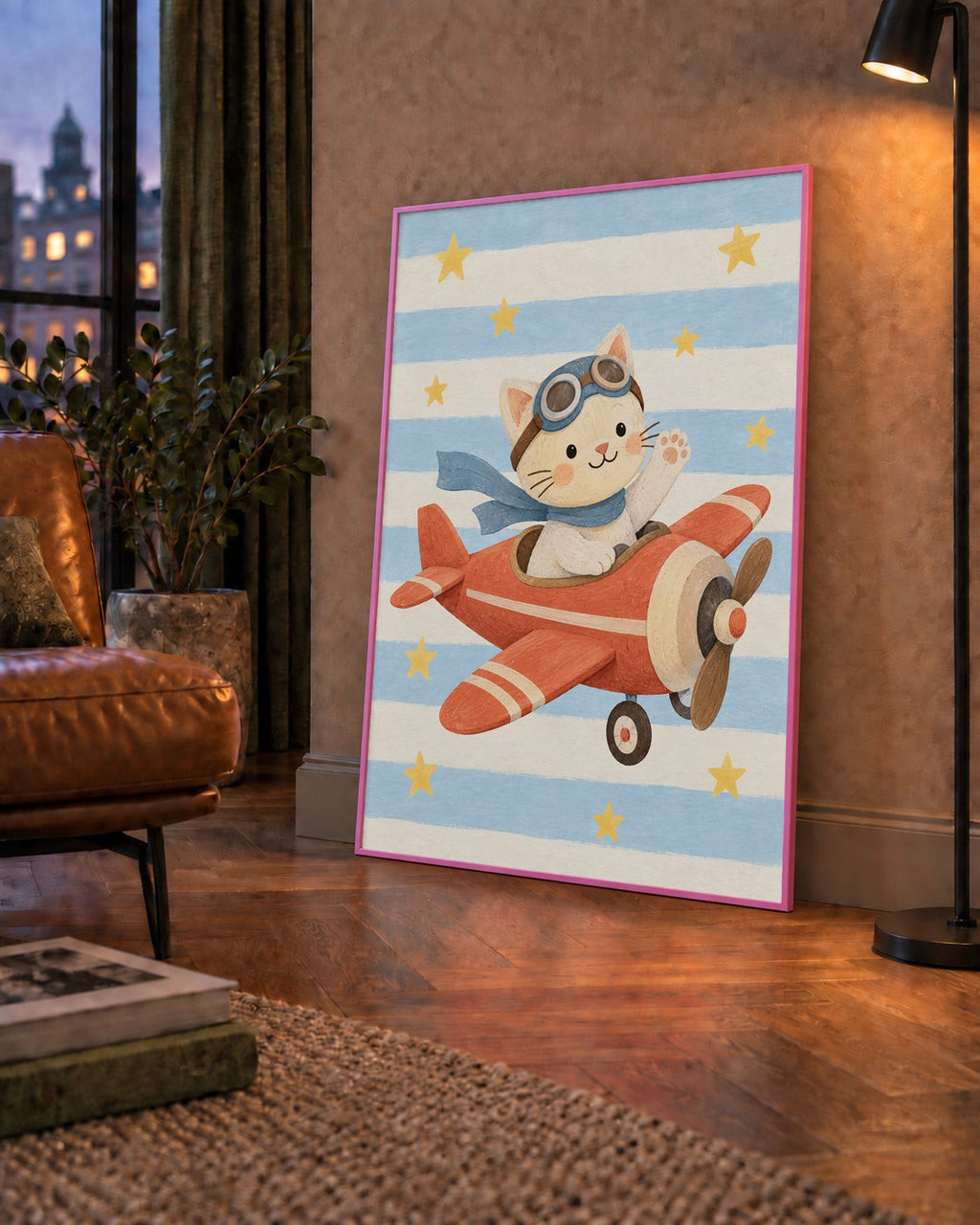 Uçakla Uçan Sevimli Kedi Çocuk Odası Poster Sanatı — çerçeveli hâliyle bir ev duvarında