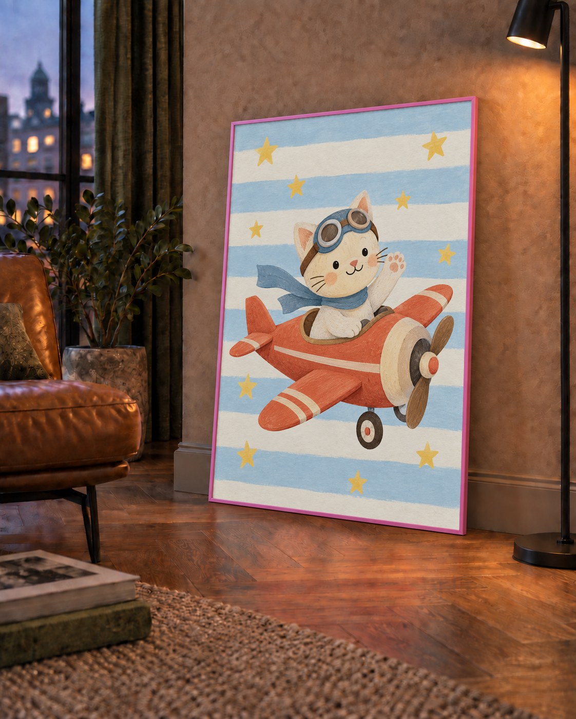 Uçakla Uçan Sevimli Kedi Çocuk Odası Poster Sanatı — çerçeveli hâliyle bir ev duvarında