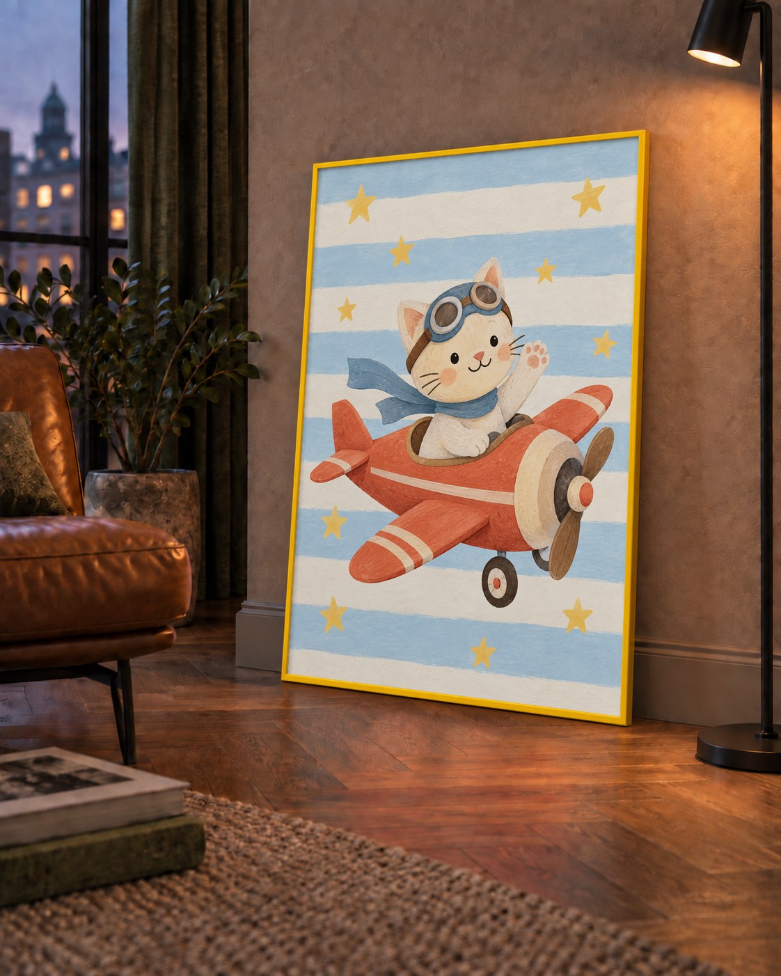 Uçakla Uçan Sevimli Kedi Çocuk Odası Poster Sanatı — çerçeveli hâliyle bir ev duvarında