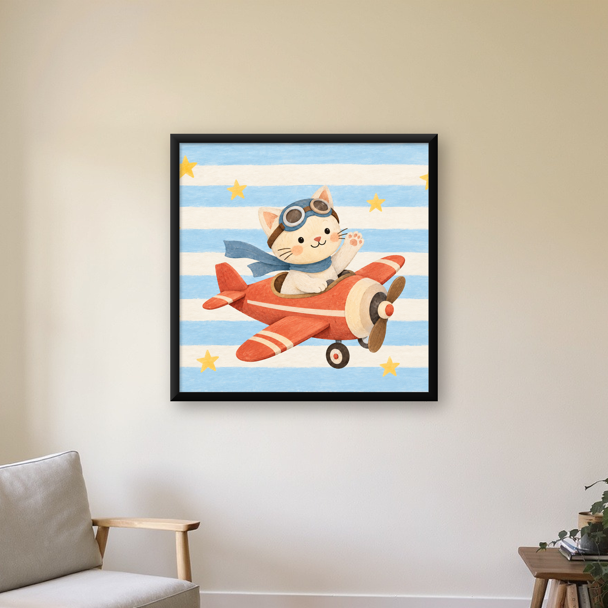 Uçakla Uçan Sevimli Kedi Çocuk Odası Poster Sanatı — Kare baskı, çerçeveli hâliyle bir ev duvarında