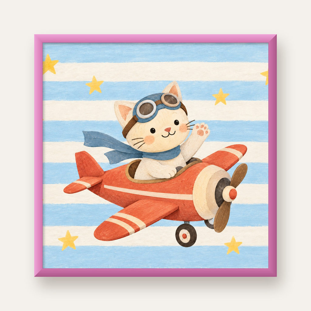 Uçakla Uçan Sevimli Kedi Çocuk Odası Poster Sanatı — pembe çerçeveli