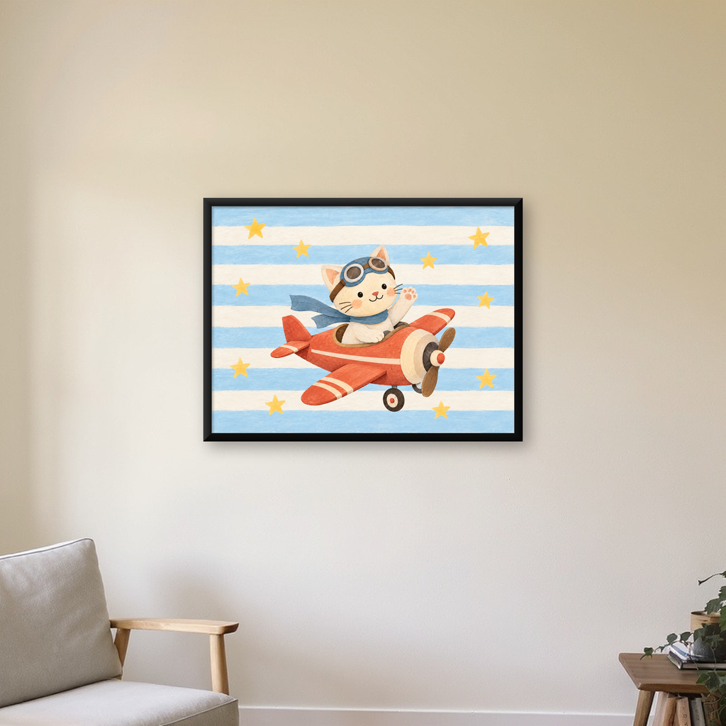 Uçakla Uçan Sevimli Kedi Çocuk Odası Poster Sanatı — Yatay baskı, çerçeveli hâliyle bir ev duvarında