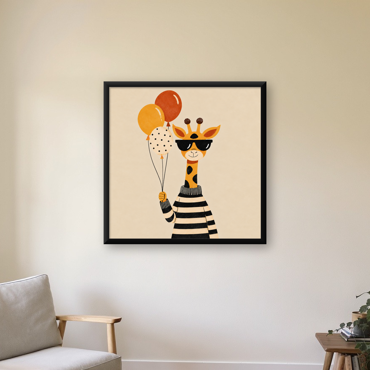 Balon Tutan Zürafa İllüstrasyonu Poster - Eğlenceli Duvar Dekoru — Kare baskı, çerçeveli hâliyle bir ev duvarında