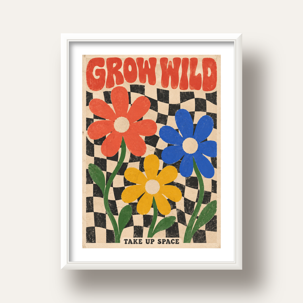 Retro Çiçekler ve Dalgalı Dama Poster – Modern Vintage Duvar Dekoru — beyaz derin çerçeveli paspartulu