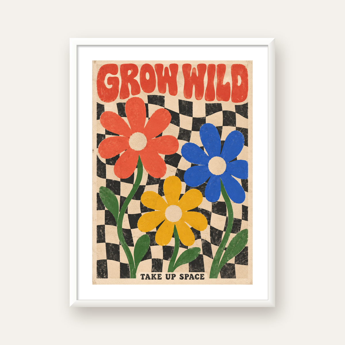 Retro Çiçekler ve Dalgalı Dama Poster – Modern Vintage Duvar Dekoru — beyaz çerçeveli dikey poster