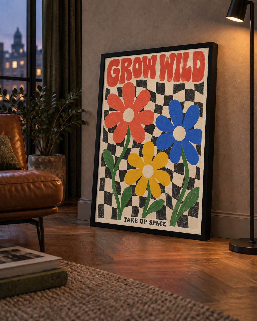 Retro Çiçekler ve Dalgalı Dama Poster – Modern Vintage Duvar Dekoru — çerçeveli hâliyle bir ev duvarında