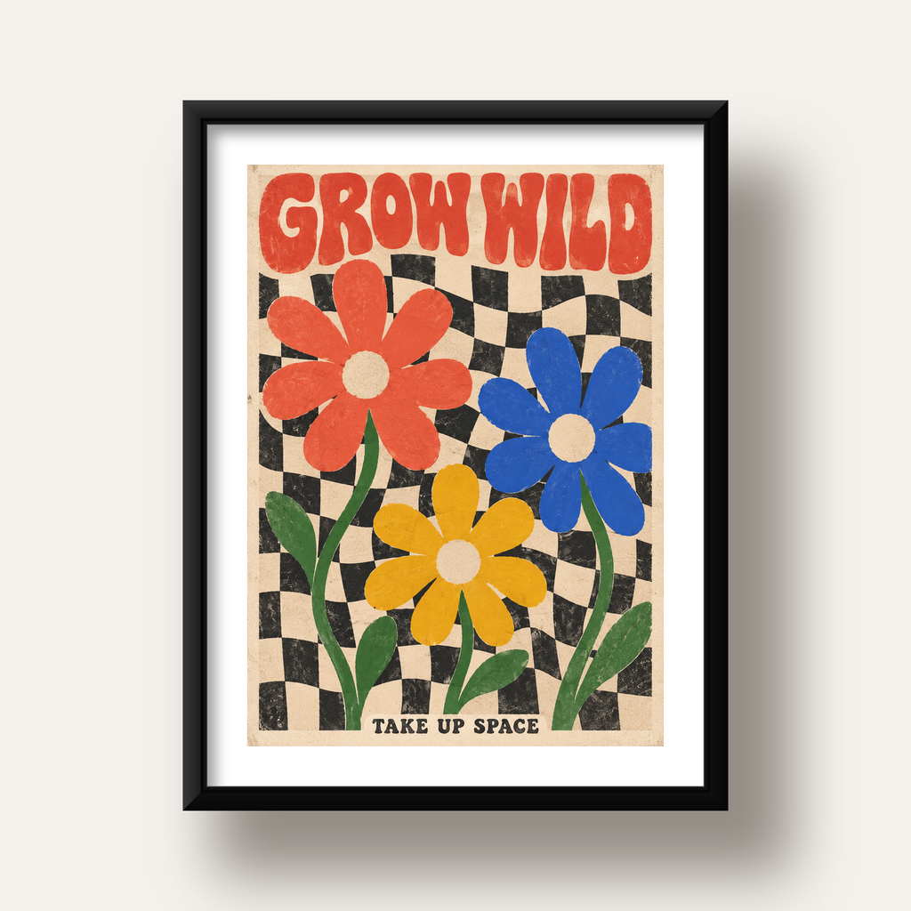 Retro Çiçekler ve Dalgalı Dama Poster – Modern Vintage Duvar Dekoru — siyah derin çerçeveli paspartulu