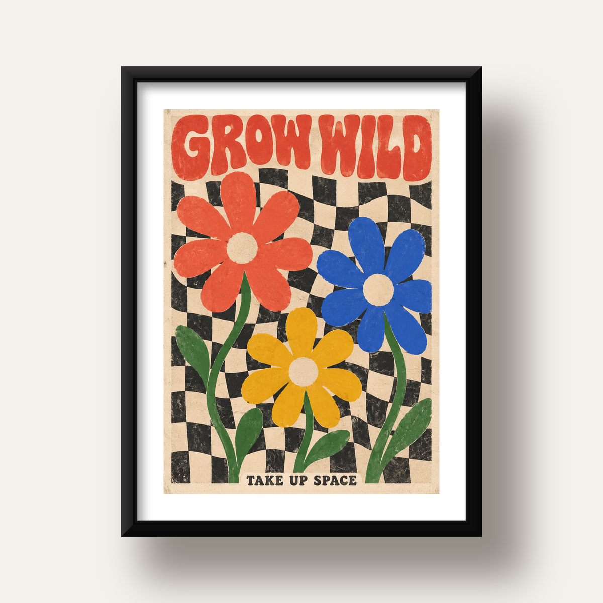 Retro Çiçekler ve Dalgalı Dama Poster – Modern Vintage Duvar Dekoru — siyah derin çerçeveli paspartulu