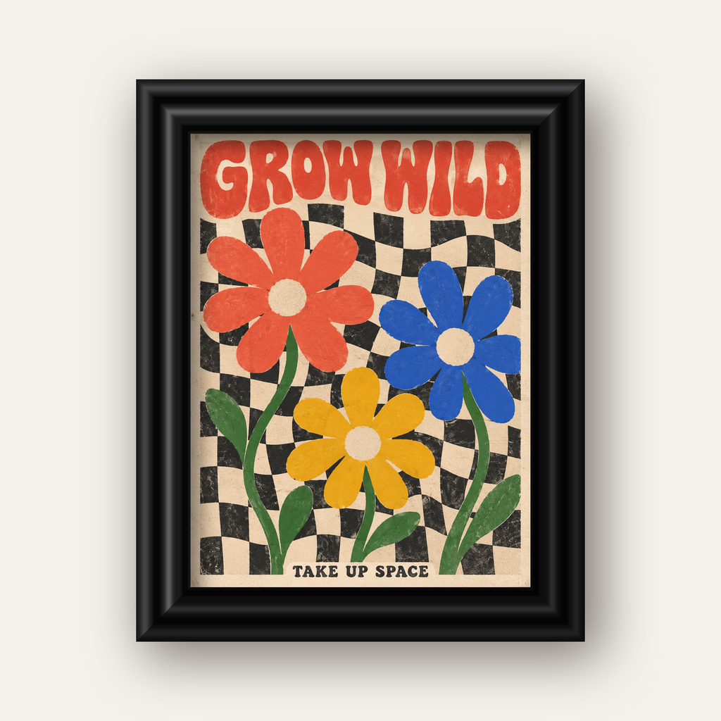 Retro Çiçekler ve Dalgalı Dama Poster – Modern Vintage Duvar Dekoru — siyah galeri çerçeveli
