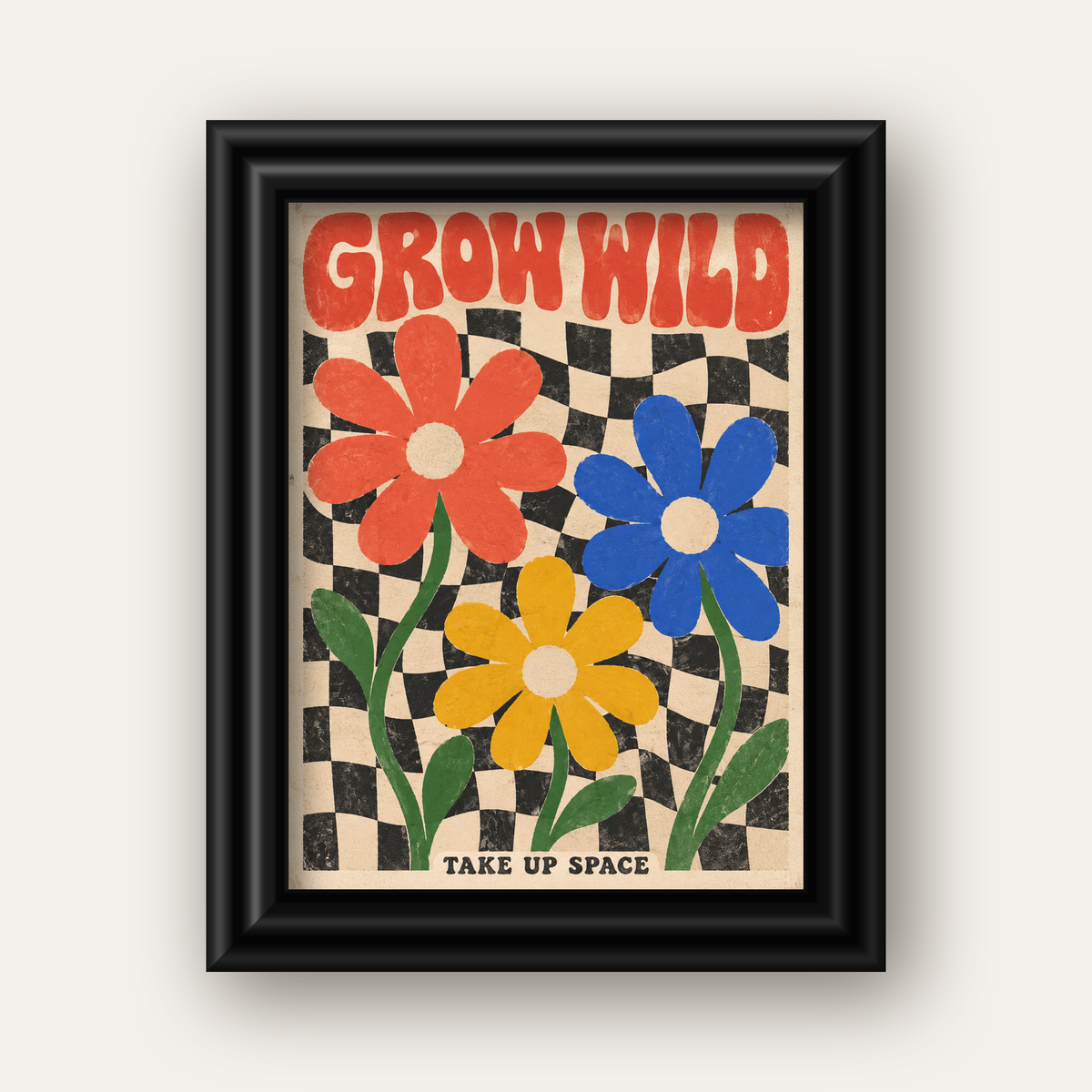 Retro Çiçekler ve Dalgalı Dama Poster – Modern Vintage Duvar Dekoru — siyah galeri çerçeveli