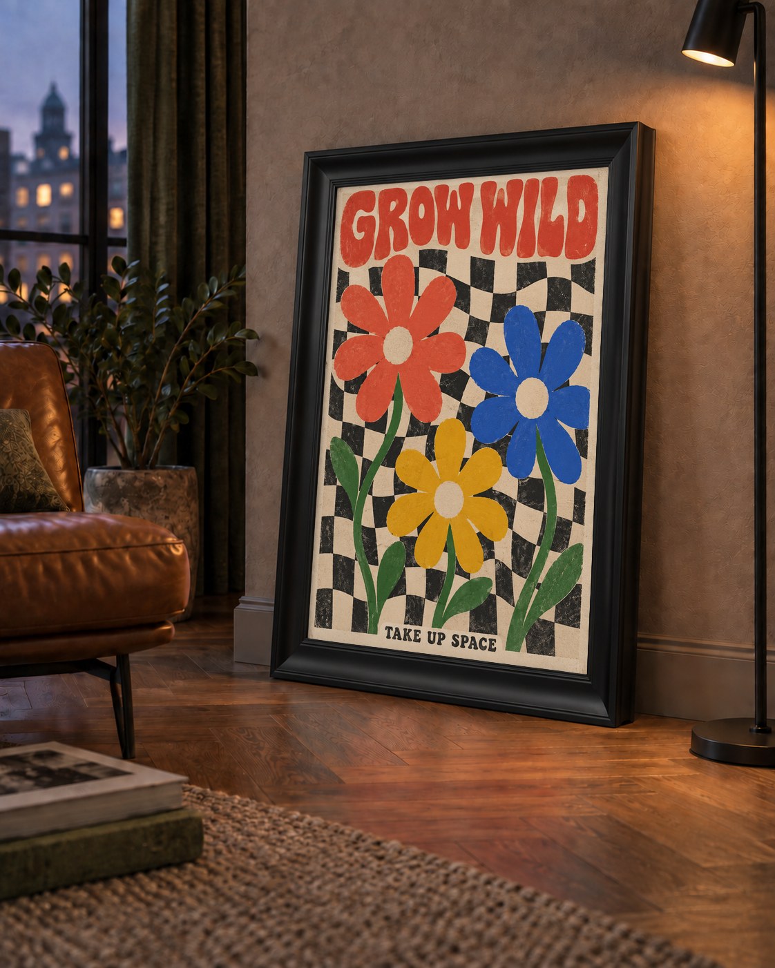 Retro Çiçekler ve Dalgalı Dama Poster – Modern Vintage Duvar Dekoru — çerçeveli hâliyle bir ev duvarında
