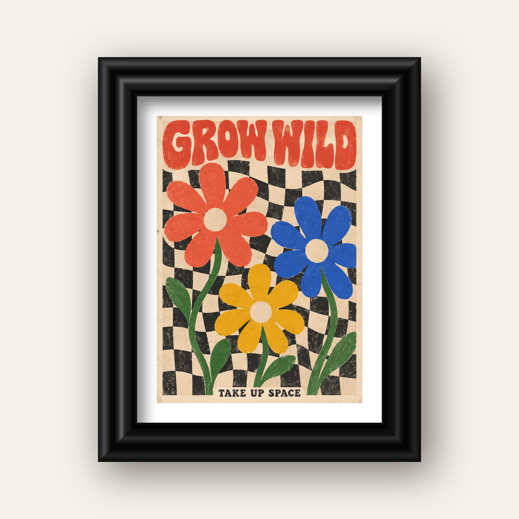 Retro Çiçekler ve Dalgalı Dama Poster – Modern Vintage Duvar Dekoru — siyah galeri çerçeveli paspartulu