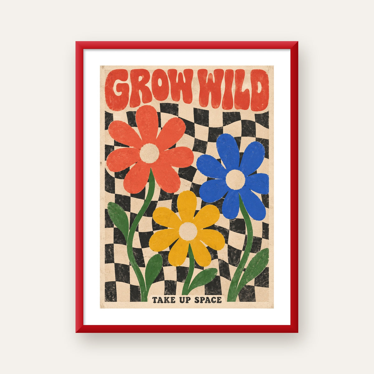 Retro Çiçekler ve Dalgalı Dama Poster – Modern Vintage Duvar Dekoru — kırmızı çerçeveli paspartulu