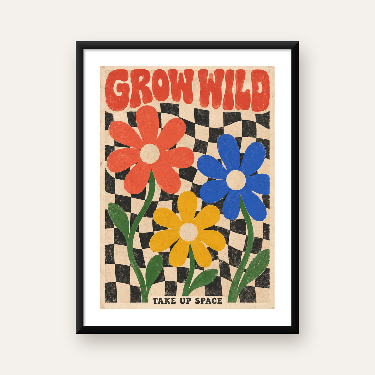 Retro Çiçekler ve Dalgalı Dama Poster – Modern Vintage Duvar Dekoru — Dikey baskı, beyaz paspartulu