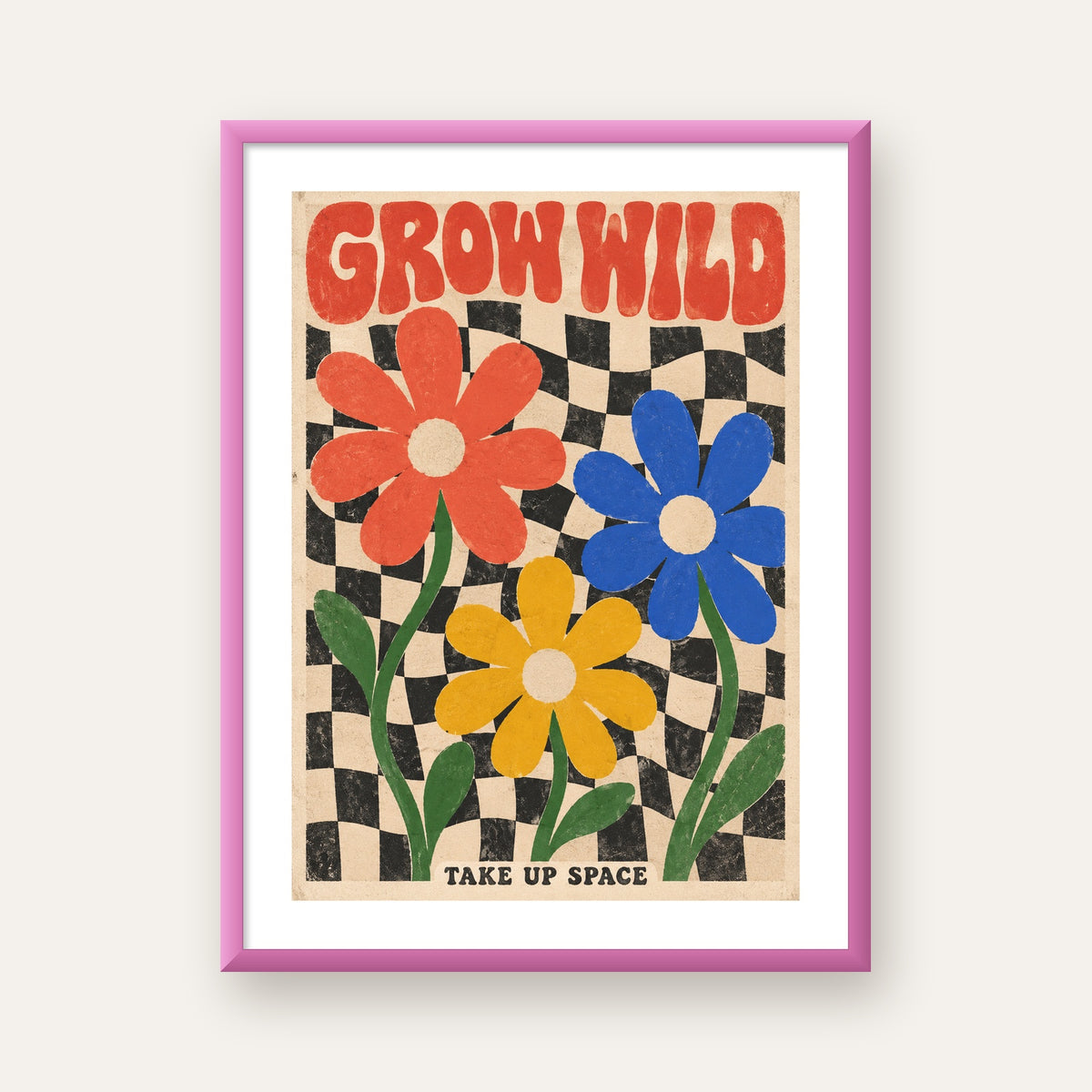 Retro Çiçekler ve Dalgalı Dama Poster – Modern Vintage Duvar Dekoru — pembe çerçeveli paspartulu