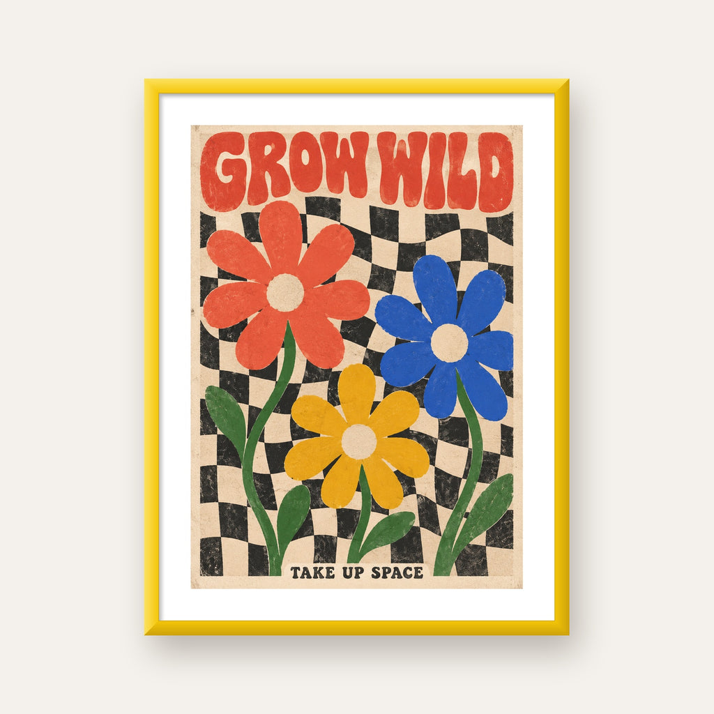 Retro Çiçekler ve Dalgalı Dama Poster – Modern Vintage Duvar Dekoru — sarı çerçeveli paspartulu
