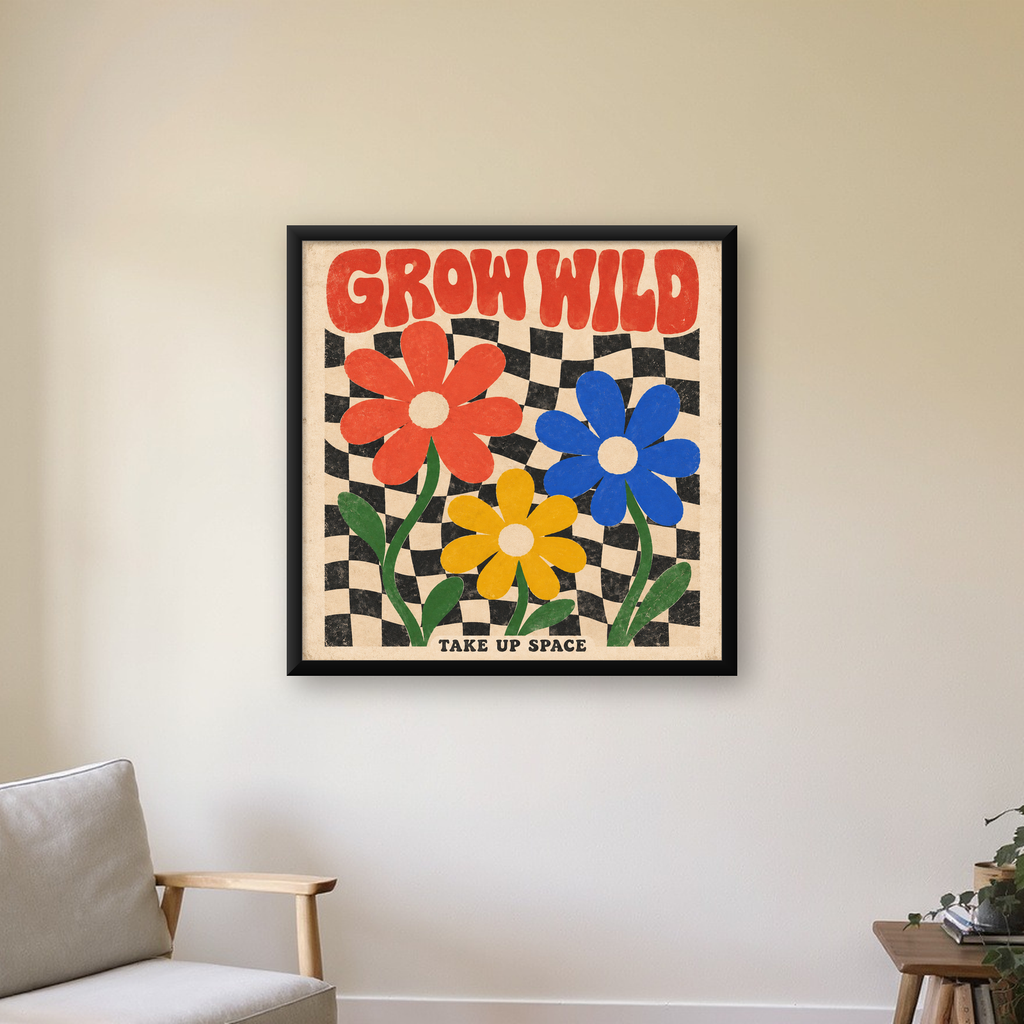 Retro Çiçekler ve Dalgalı Dama Poster – Modern Vintage Duvar Dekoru — Kare baskı, çerçeveli hâliyle bir ev duvarında
