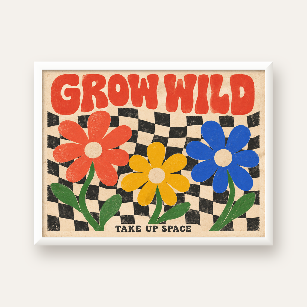 Retro Çiçekler ve Dalgalı Dama Poster – Modern Vintage Duvar Dekoru — beyaz çerçeveli yatay poster