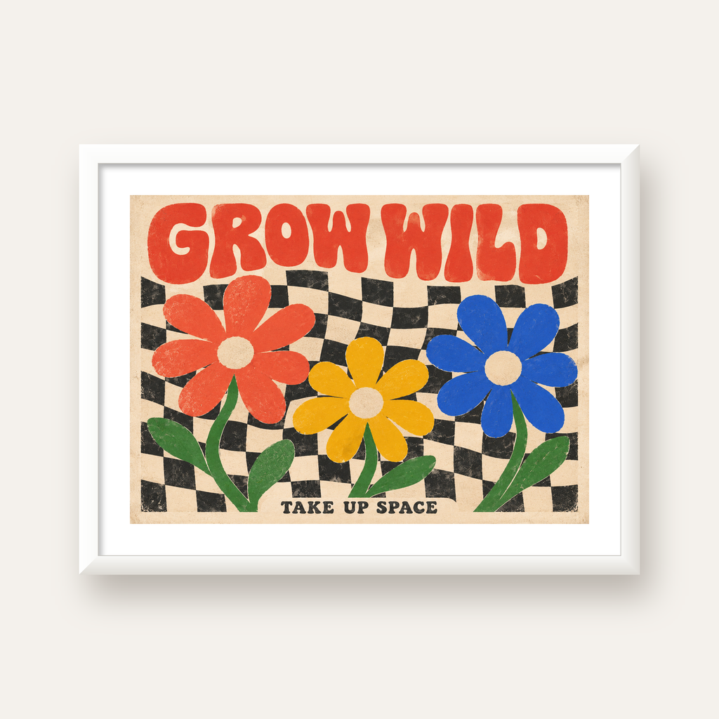 Retro Çiçekler ve Dalgalı Dama Poster – Modern Vintage Duvar Dekoru — beyaz çerçeveli yatay poster