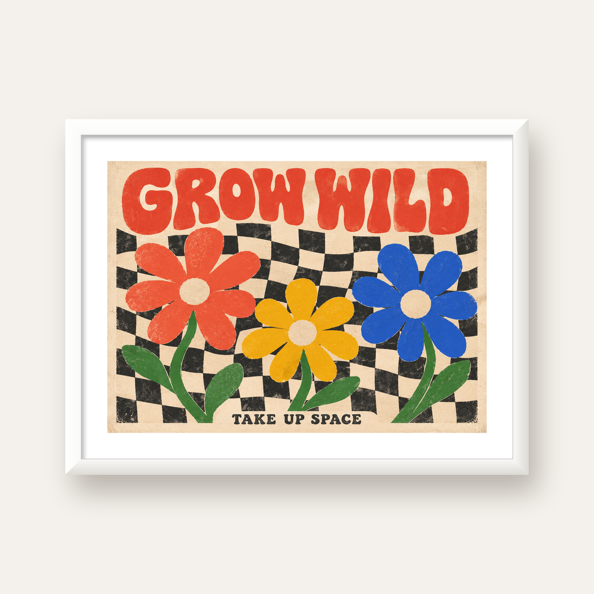 Retro Çiçekler ve Dalgalı Dama Poster – Modern Vintage Duvar Dekoru — beyaz çerçeveli yatay poster