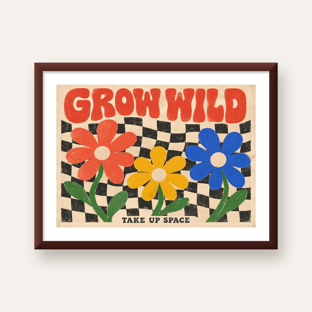 Retro Çiçekler ve Dalgalı Dama Poster – Modern Vintage Duvar Dekoru — ceviz çerçeveli paspartulu