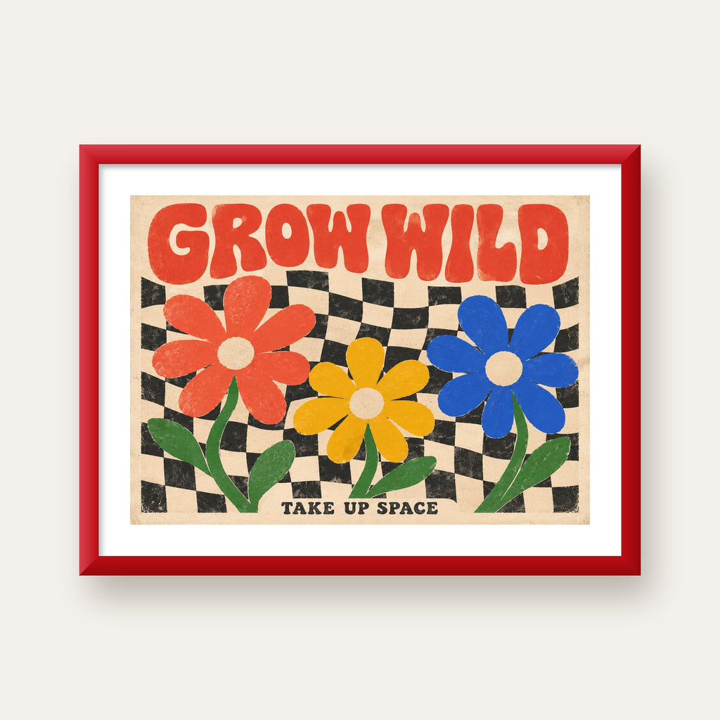 Retro Çiçekler ve Dalgalı Dama Poster – Modern Vintage Duvar Dekoru — kırmızı çerçeveli paspartulu