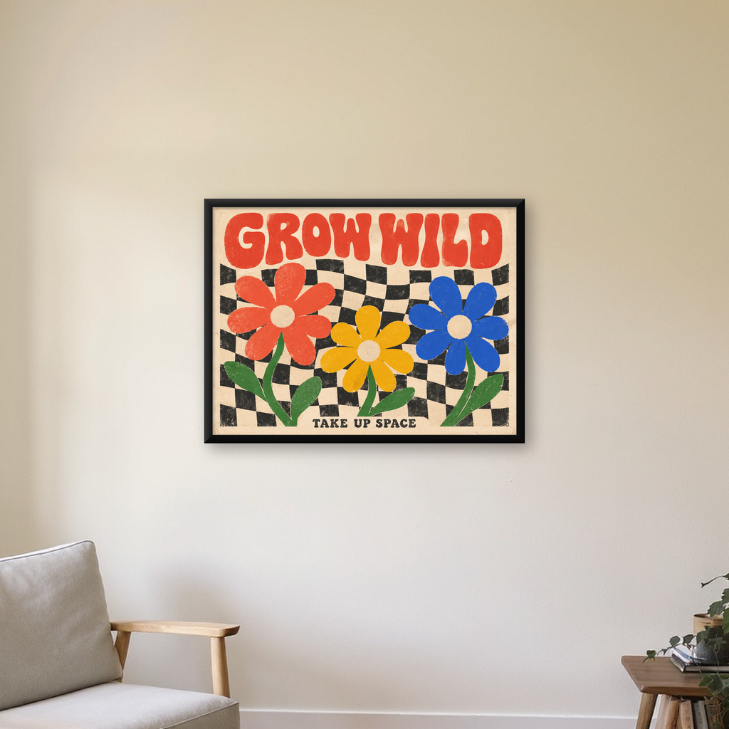 Retro Çiçekler ve Dalgalı Dama Poster – Modern Vintage Duvar Dekoru — Yatay baskı, çerçeveli hâliyle bir ev duvarında