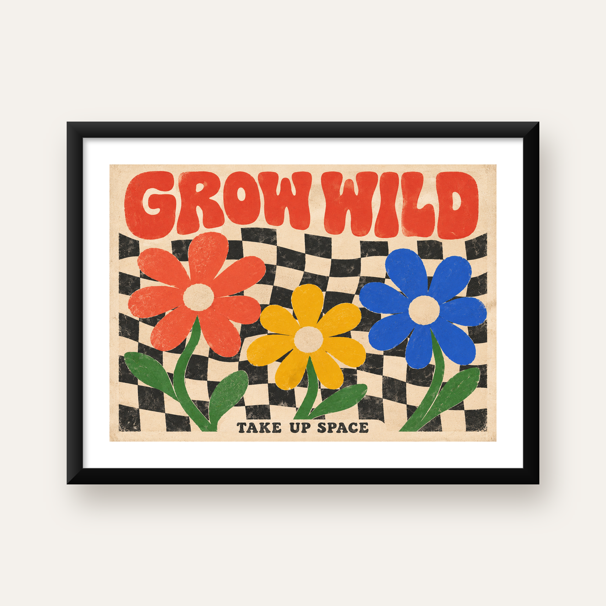 Retro Çiçekler ve Dalgalı Dama Poster – Modern Vintage Duvar Dekoru — Yatay baskı, beyaz paspartulu