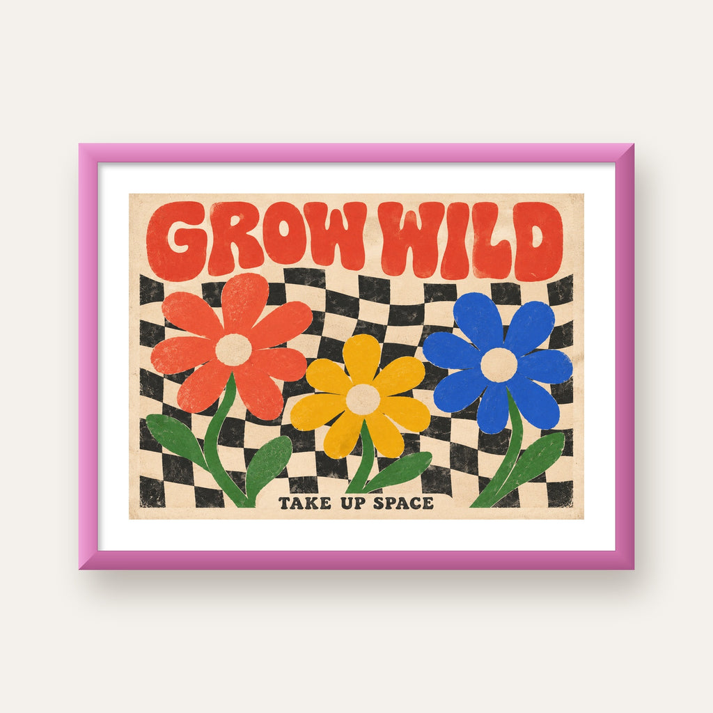 Retro Çiçekler ve Dalgalı Dama Poster – Modern Vintage Duvar Dekoru — pembe çerçeveli paspartulu