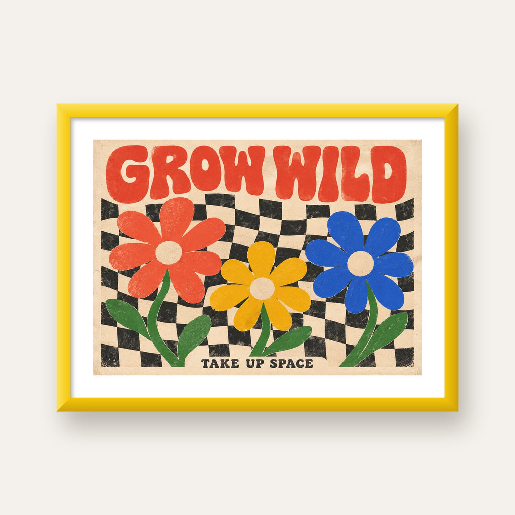 Retro Çiçekler ve Dalgalı Dama Poster – Modern Vintage Duvar Dekoru — sarı çerçeveli paspartulu