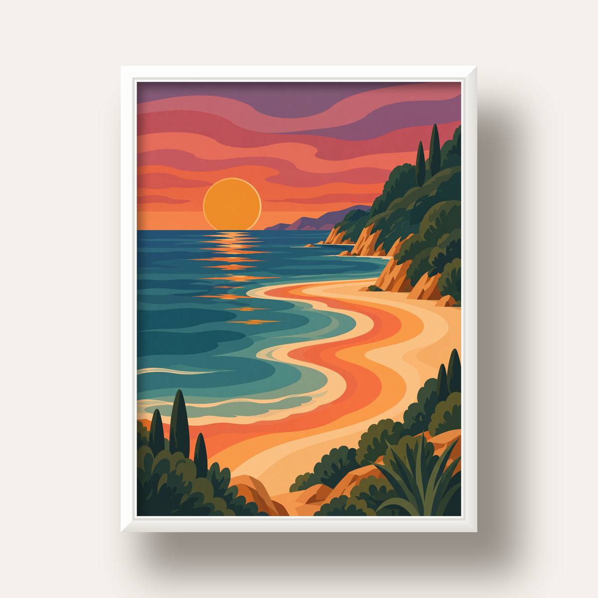 Turuncu Gün Batımı Sahili Dijital Poster - Modern Duvar Dekoru — beyaz derin çerçeveli