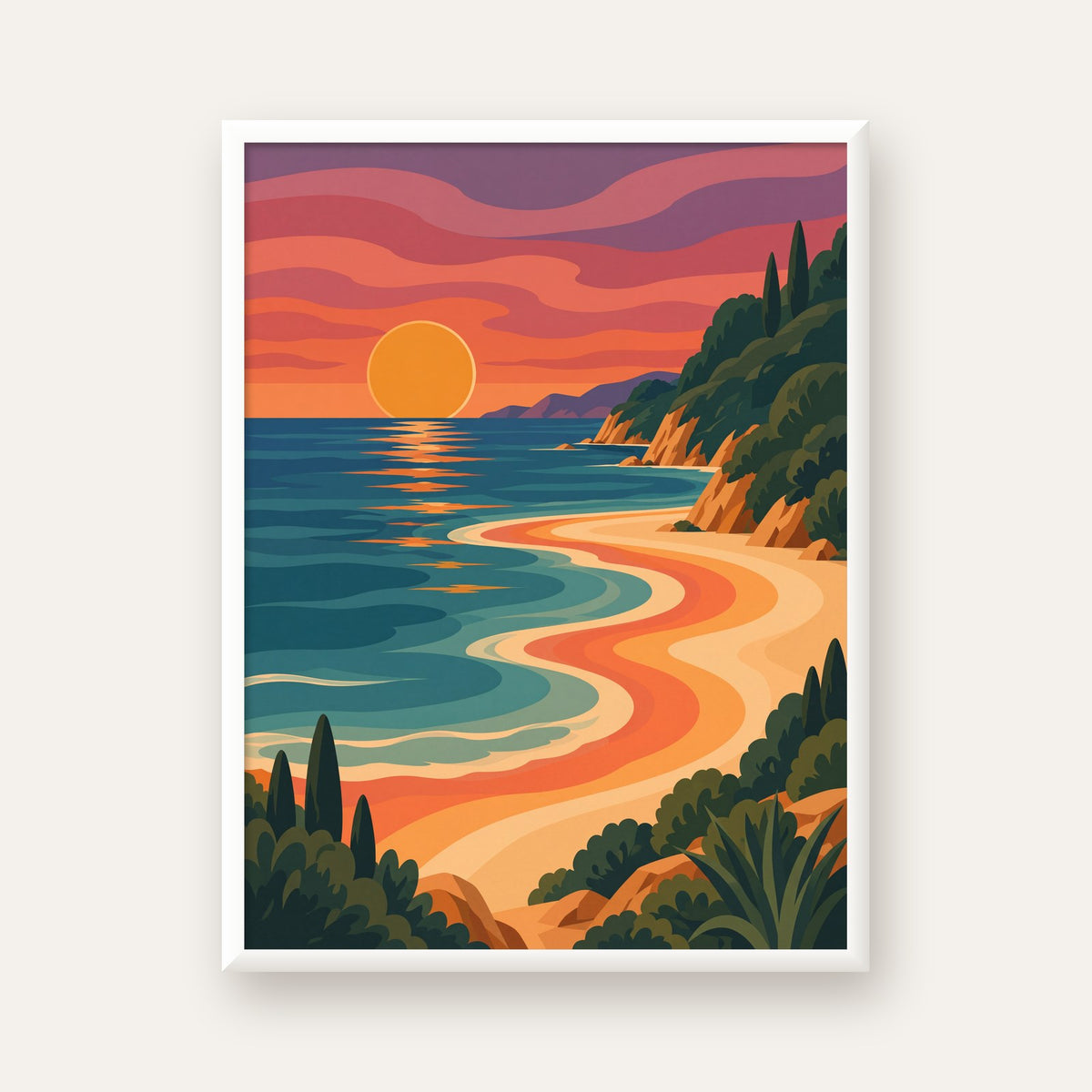 Turuncu Gün Batımı Sahili Dijital Poster - Modern Duvar Dekoru — beyaz çerçeveli dikey poster