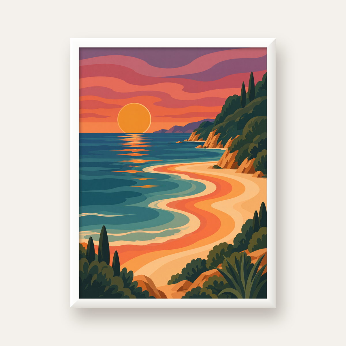 Turuncu Gün Batımı Sahili Dijital Poster - Modern Duvar Dekoru — beyaz çerçeveli dikey poster