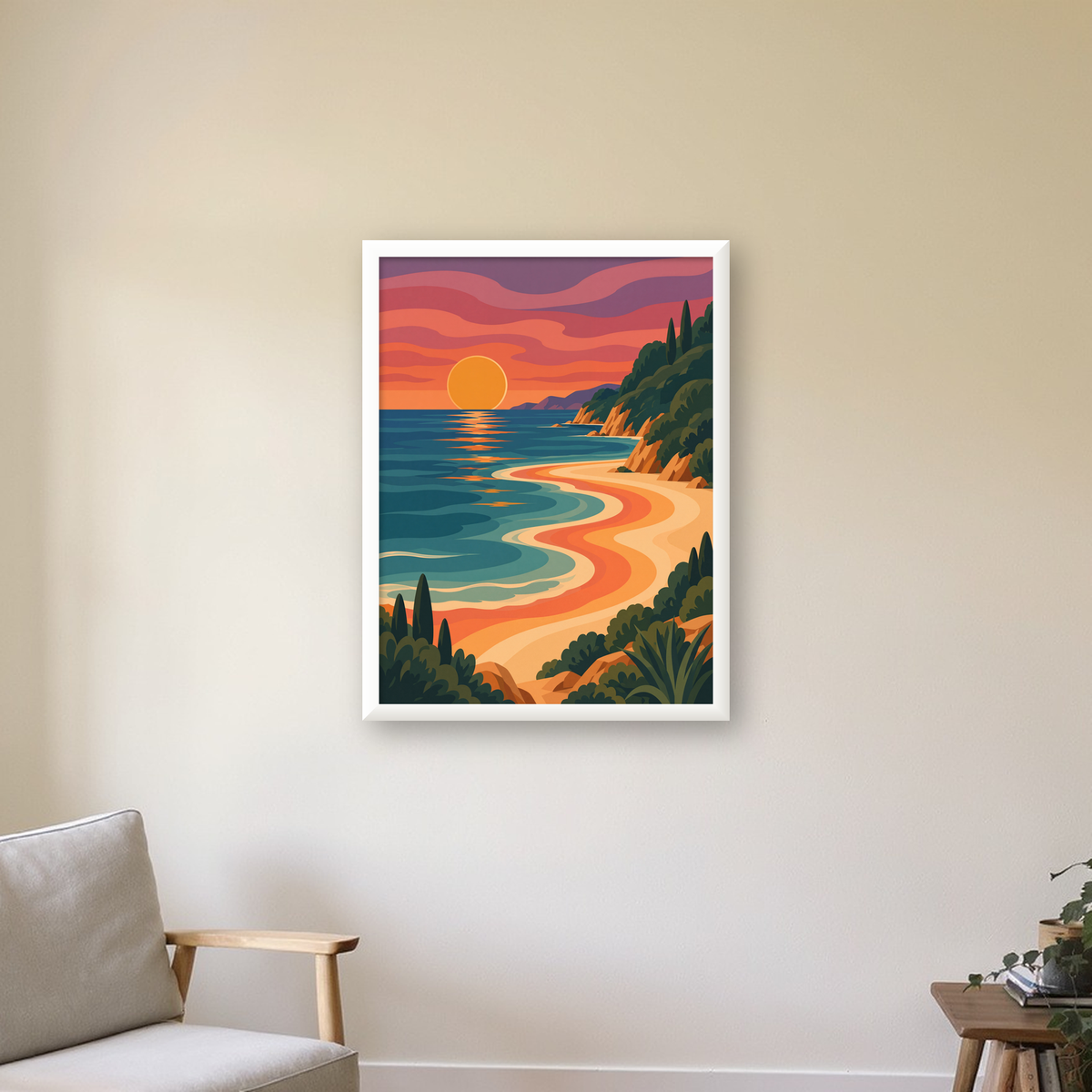 Turuncu Gün Batımı Sahili Dijital Poster - Modern Duvar Dekoru — beyaz çerçeveli dikey poster