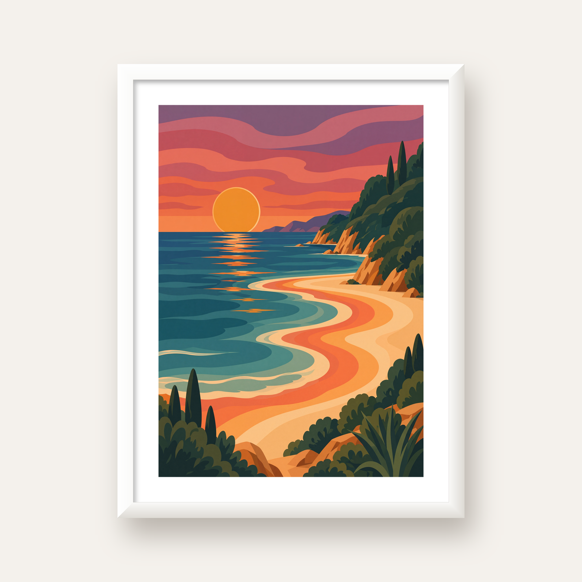 Turuncu Gün Batımı Sahili Dijital Poster - Modern Duvar Dekoru — beyaz çerçeveli dikey poster