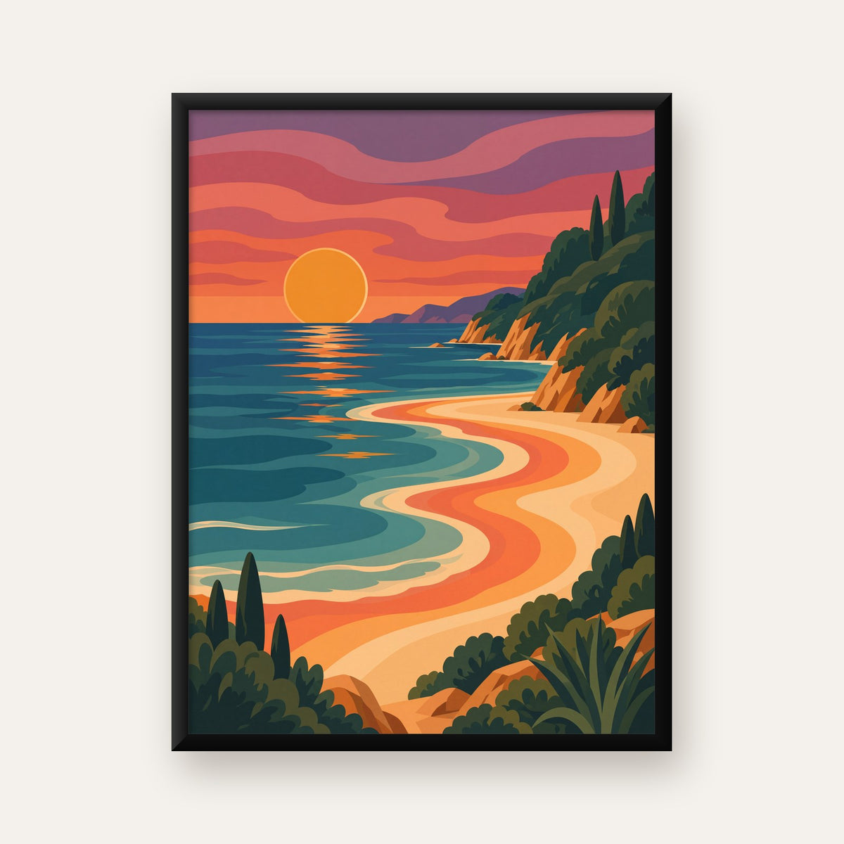Turuncu Gün Batımı Sahili Dijital Poster - Modern Duvar Dekoru — Dikey baskı, düz siyah çerçeveli duvar posteri