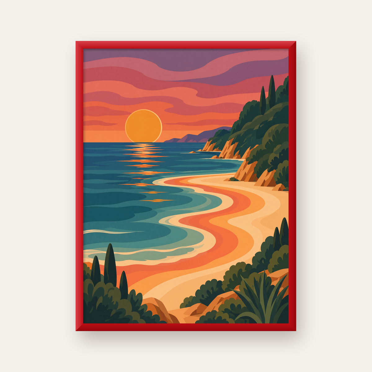 Turuncu Gün Batımı Sahili Dijital Poster - Modern Duvar Dekoru — kırmızı çerçeveli