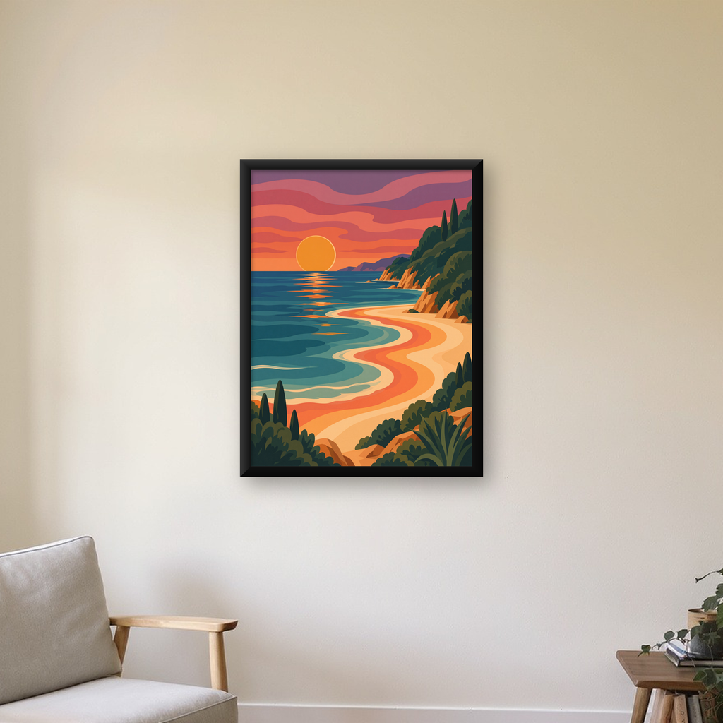 Turuncu Gün Batımı Sahili Dijital Poster - Modern Duvar Dekoru — Dikey baskı, çerçeveli hâliyle bir ev duvarında