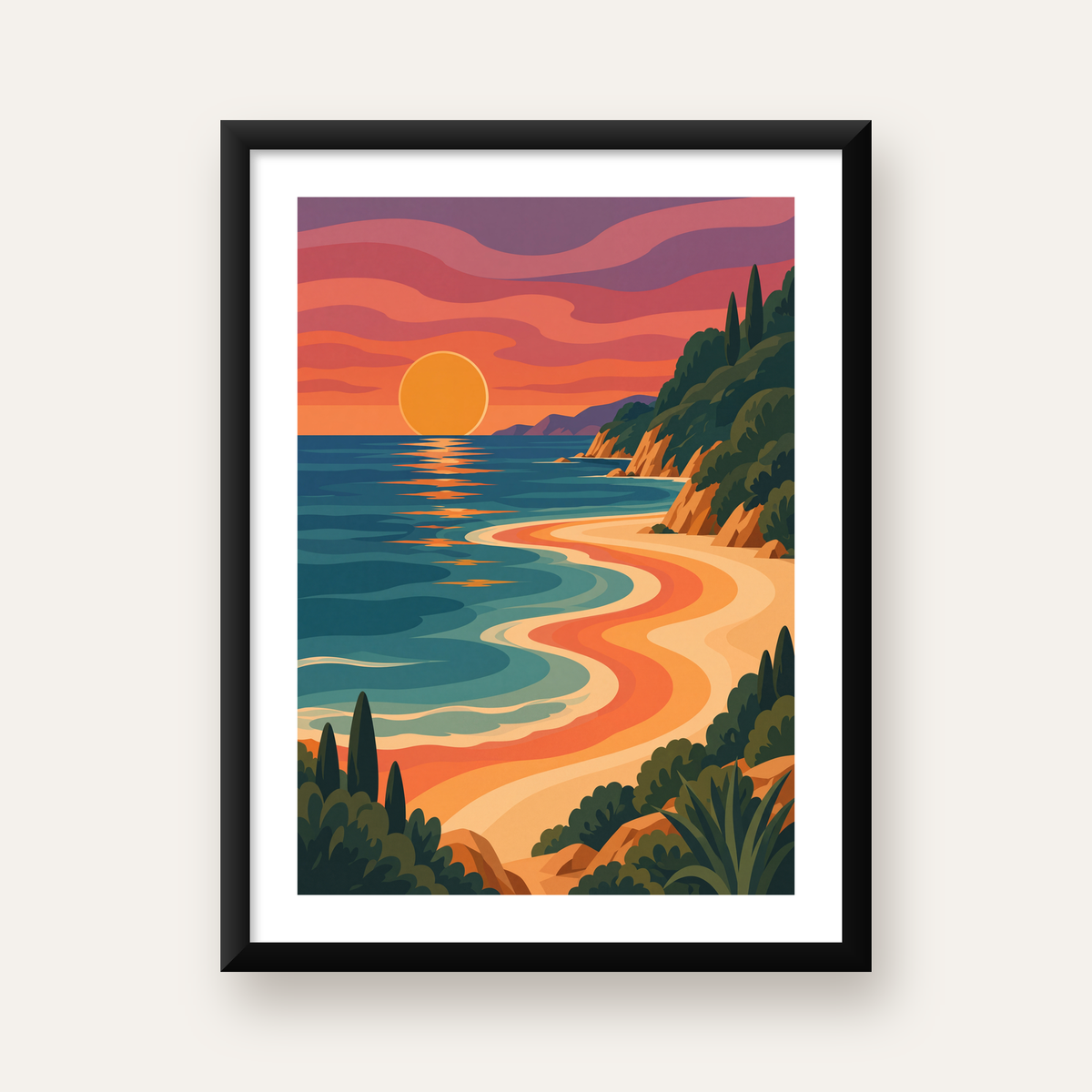 Turuncu Gün Batımı Sahili Dijital Poster - Modern Duvar Dekoru — Dikey baskı, beyaz paspartulu