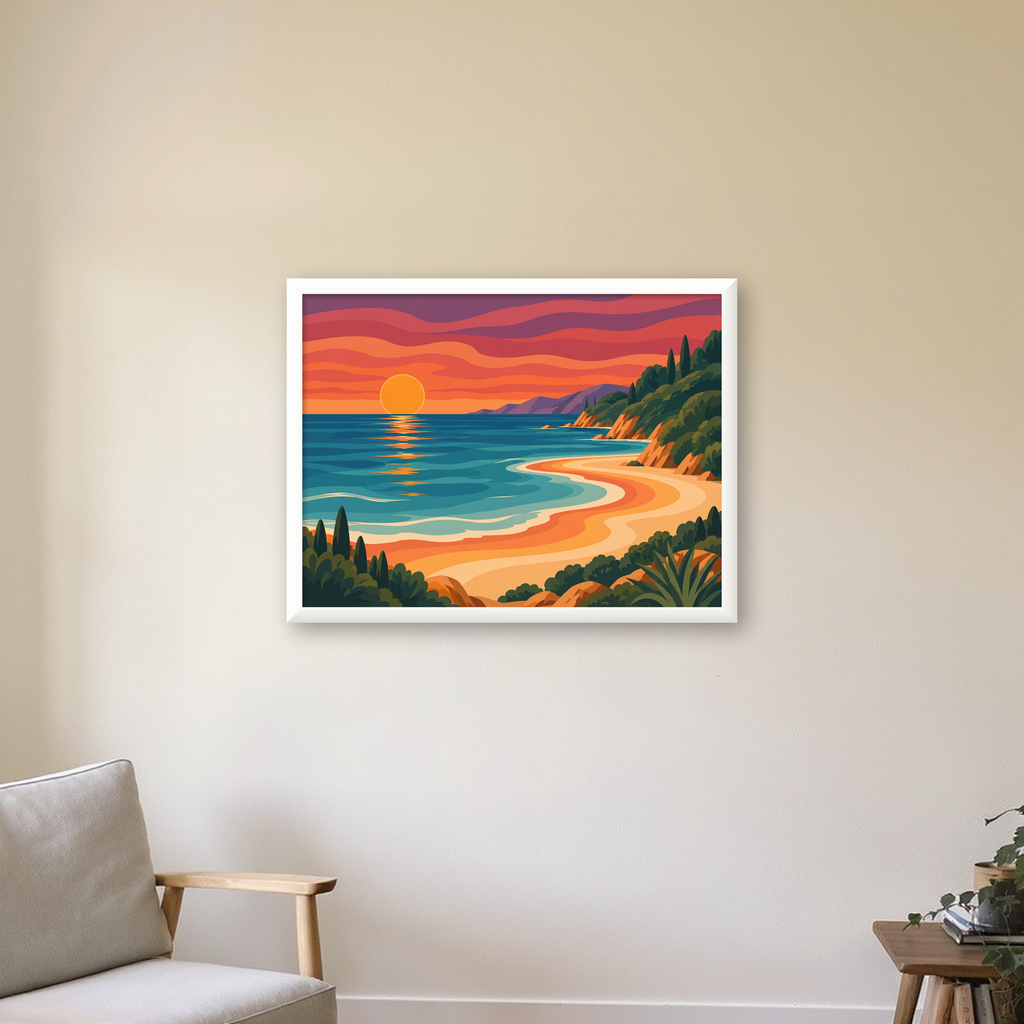 Turuncu Gün Batımı Sahili Dijital Poster - Modern Duvar Dekoru — beyaz çerçeveli yatay poster
