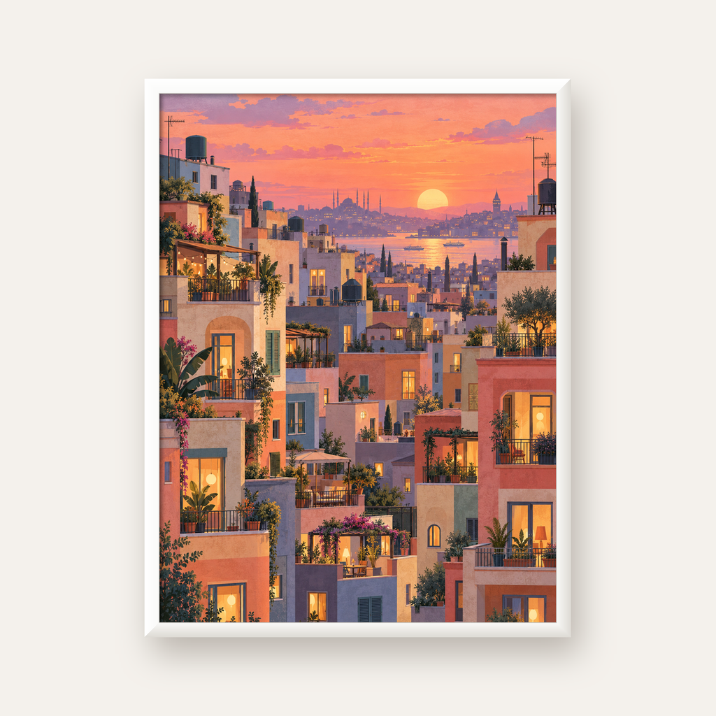 Gün Batımında Apartman Terasları — beyaz çerçeveli dikey poster