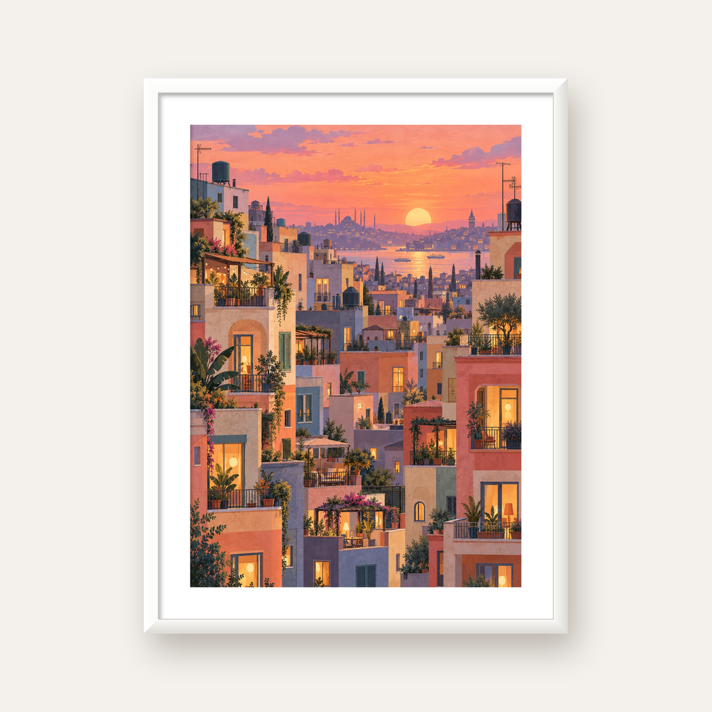 Gün Batımında Apartman Terasları — beyaz çerçeveli dikey poster