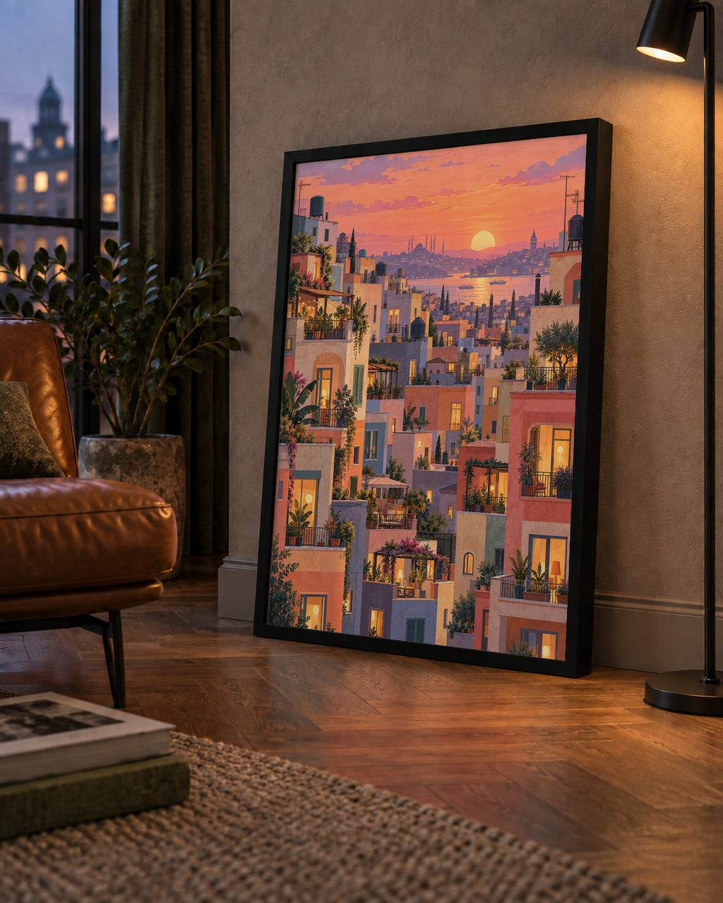 Gün Batımında Apartman Terasları — çerçeveli hâliyle bir ev duvarında