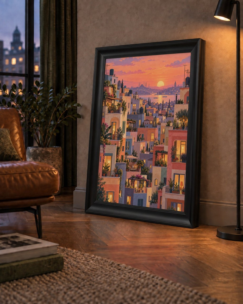 Gün Batımında Apartman Terasları — çerçeveli hâliyle bir ev duvarında
