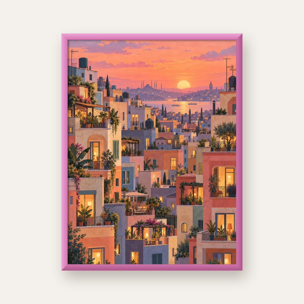 Gün Batımında Apartman Terasları — pembe çerçeveli