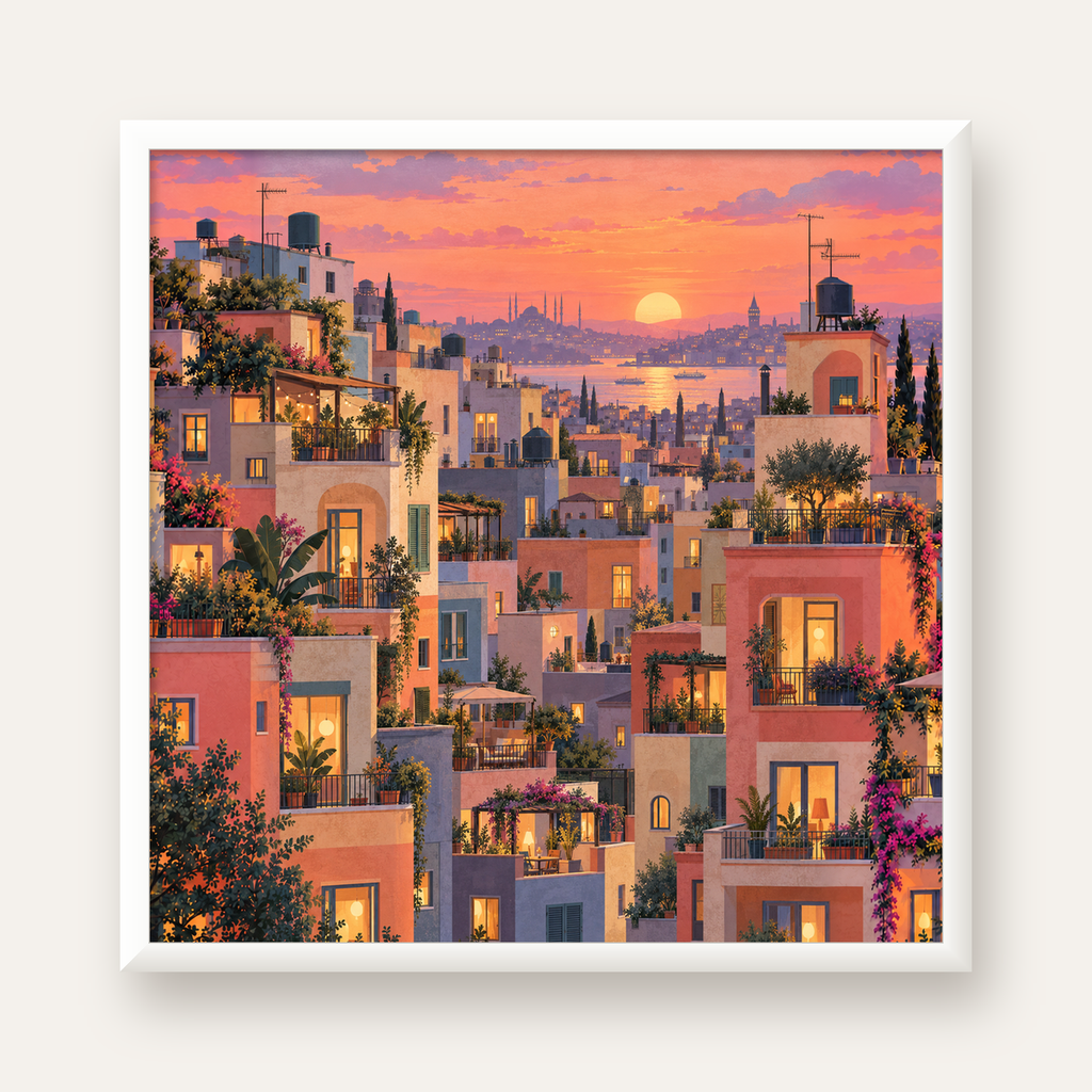 Gün Batımında Apartman Terasları — beyaz çerçeveli kare poster